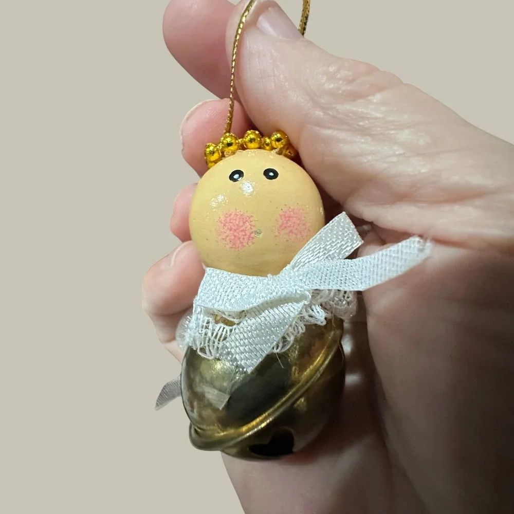 Vintage Angel Jingle Bell Christmas Ornament Gold Halo‎ Lace Bow Heart Cutout